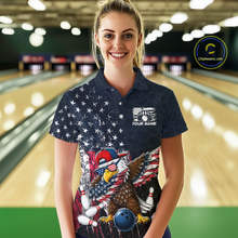 Load image into Gallery viewer, Woman wearing a dark patriotic bowling polo with distressed stars-and-stripes graphics, a eagle , bowling pins, and custom your name text.