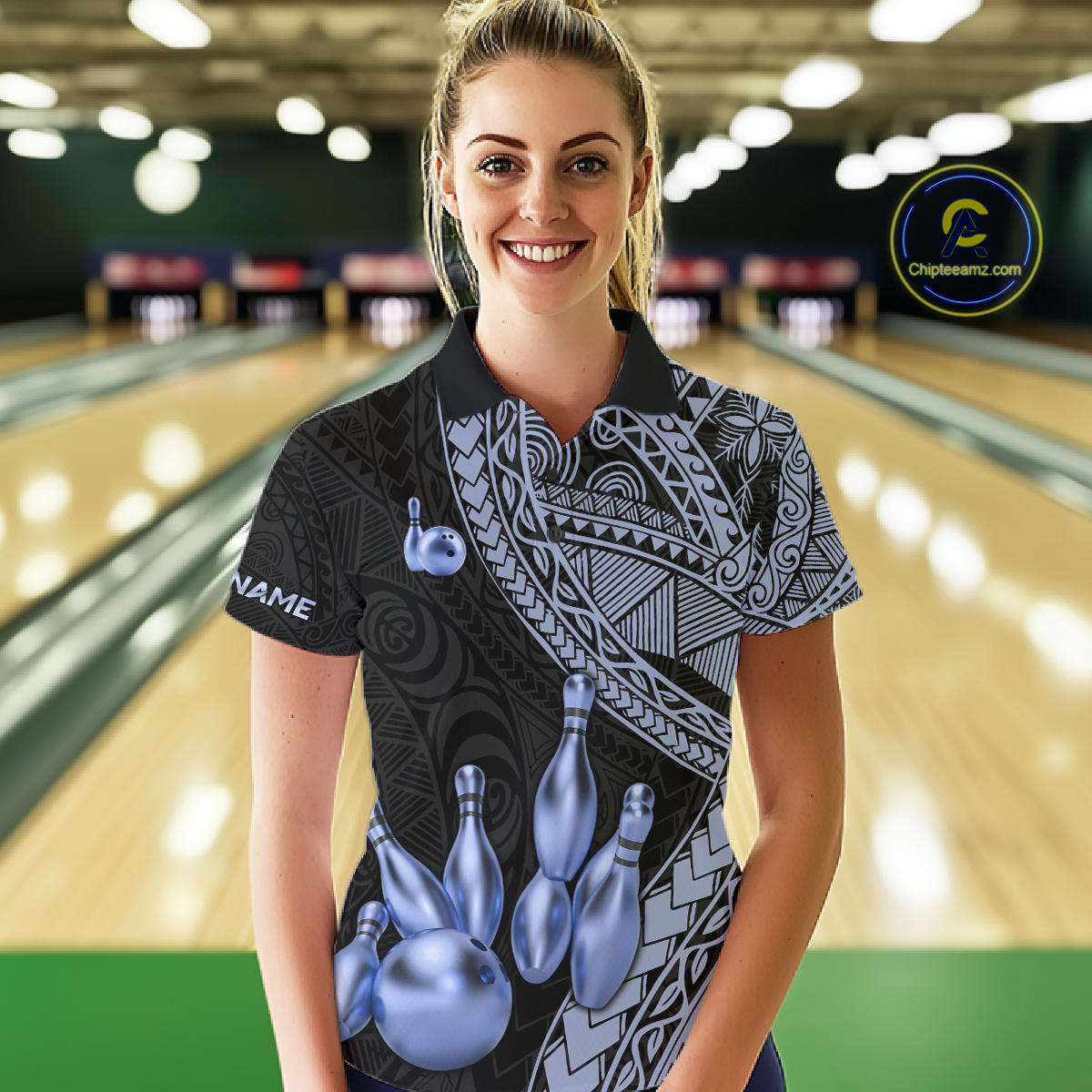 Black and Blue Tribal Pattern Bowling Jersey for Women Bowling Uniform Bowling Team Shirts HNT225