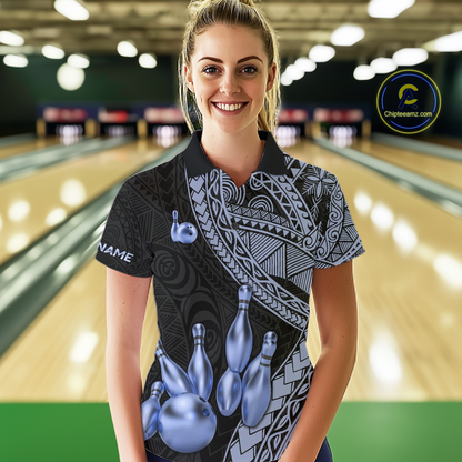 Black and Blue Tribal Pattern Bowling Jersey for Women Bowling Uniform Bowling Team Shirts HNT225