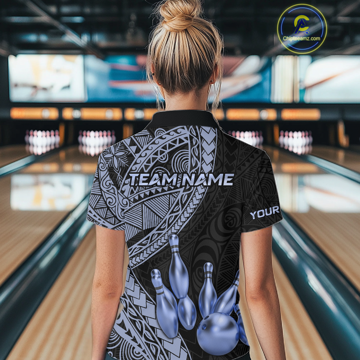 Black and Blue Tribal Pattern Bowling Jersey for Women Bowling Uniform Bowling Team Shirts HNT225
