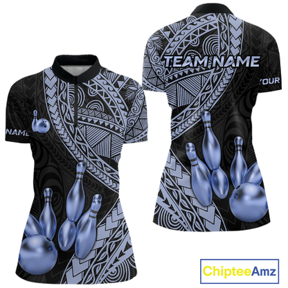 Black and Blue Tribal Pattern Bowling Jersey for Women Bowling Uniform Bowling Team Shirts HNT225