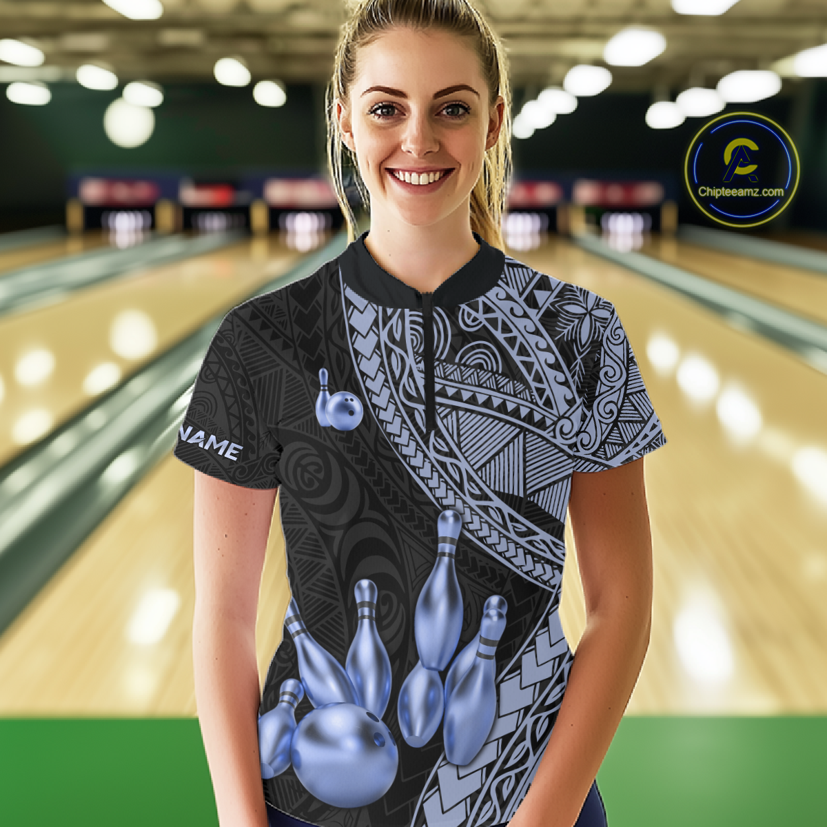 Black and Blue Tribal Pattern Bowling Jersey for Women Bowling Uniform Bowling Team Shirts HNT225