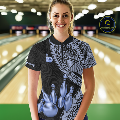 Black and Blue Tribal Pattern Bowling Jersey for Women Bowling Uniform Bowling Team Shirts HNT225