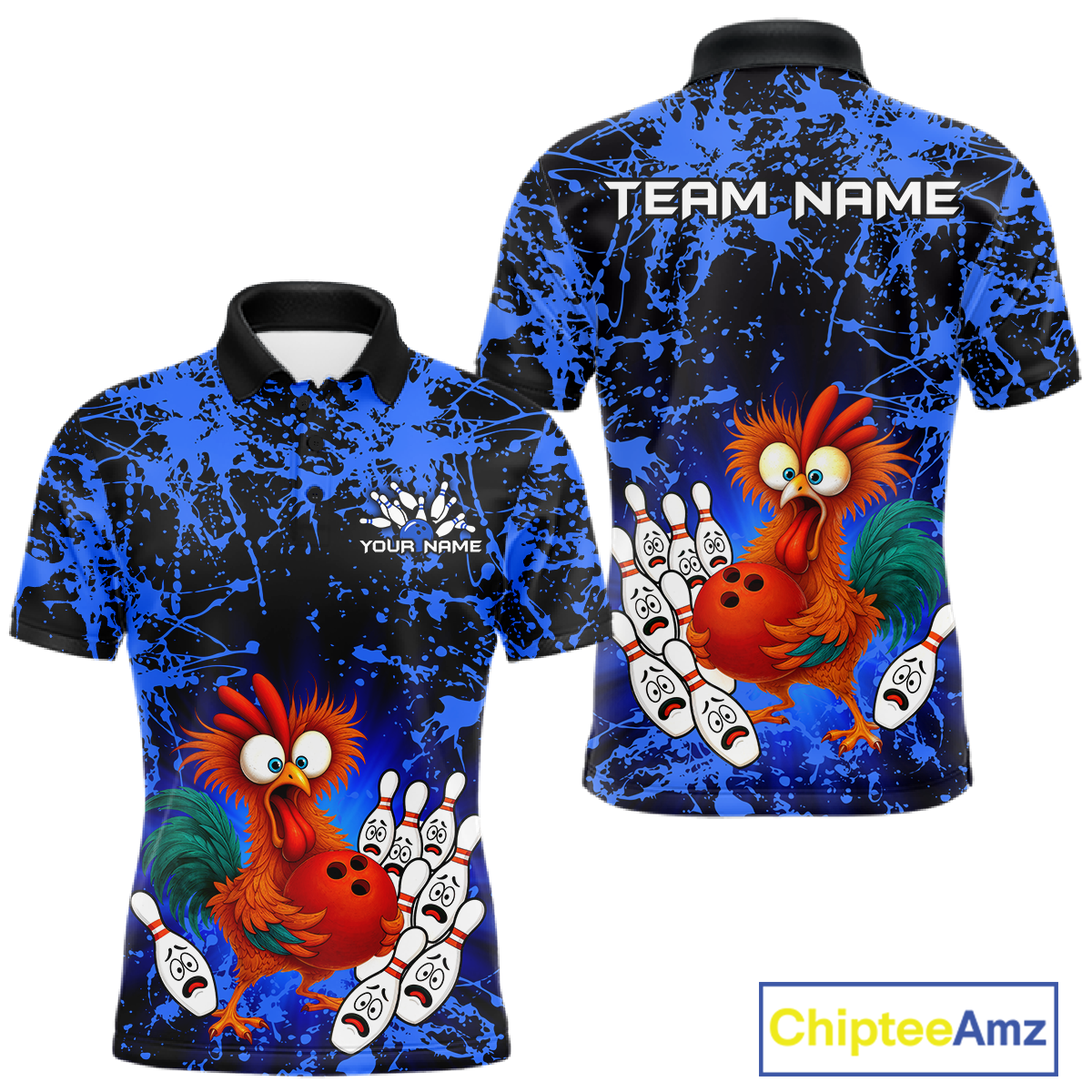 Blue Funny Chicken Bowling Jersey for Men Bowling League Bowling Team Shirts Polo & 1/4 Zip HN232