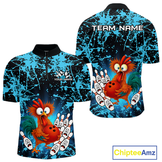 Turquoise Funny Chicken Bowling Jersey for Men Bowling League Bowling Team Shirts Polo & 1/4 Zip HN232