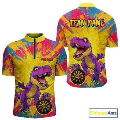 Front and back darts quarter zip shirt featuring a purple dinosaur holding a dartboard within a bright colorful paint splatter background.