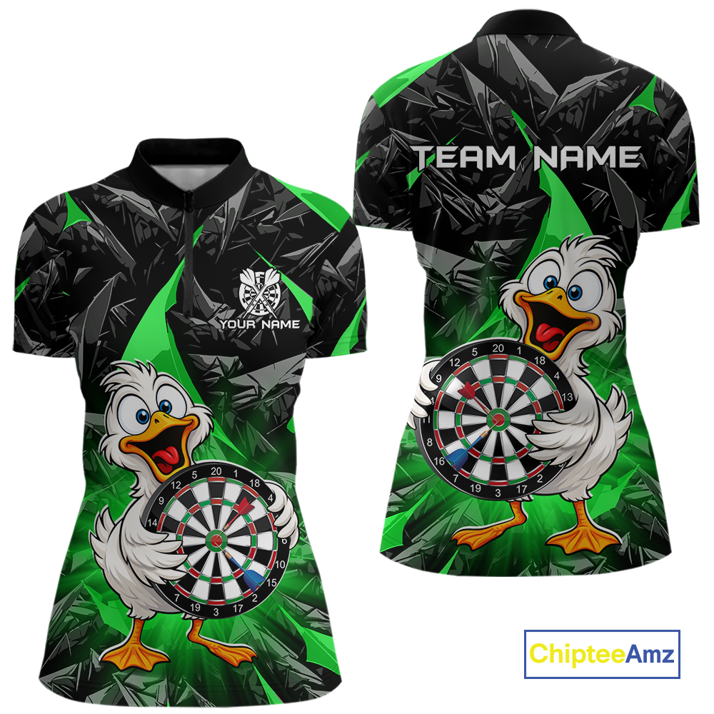 Custom Green Duck Funny Dart Shirt Dart Team Jersey for Women Dartboard Polo & 1/4Zip NNT167