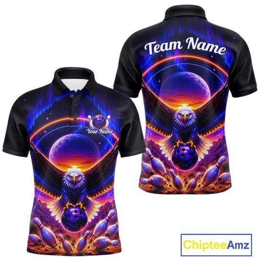 Front and back views of a black bowling polo with a eagle, glowing planet backdrop, bowling pins, and custom team and player name text.
