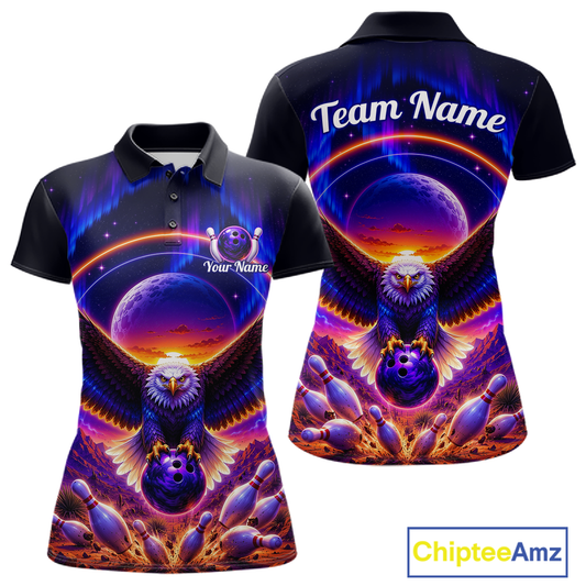 Front and back views of a black bowling polo with a eagle, glowing planet backdrop, bowling pins, and custom team and player name text.