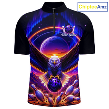 Load image into Gallery viewer, Front views of a black bowling quarter zip with a eagle, glowing planet backdrop, bowling pins, and custom team and player name text.