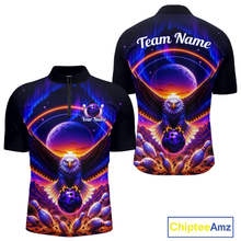 Load image into Gallery viewer, Front and back views of a black bowling quarter zip with a eagle, glowing planet backdrop, bowling pins, and custom team and player name text.