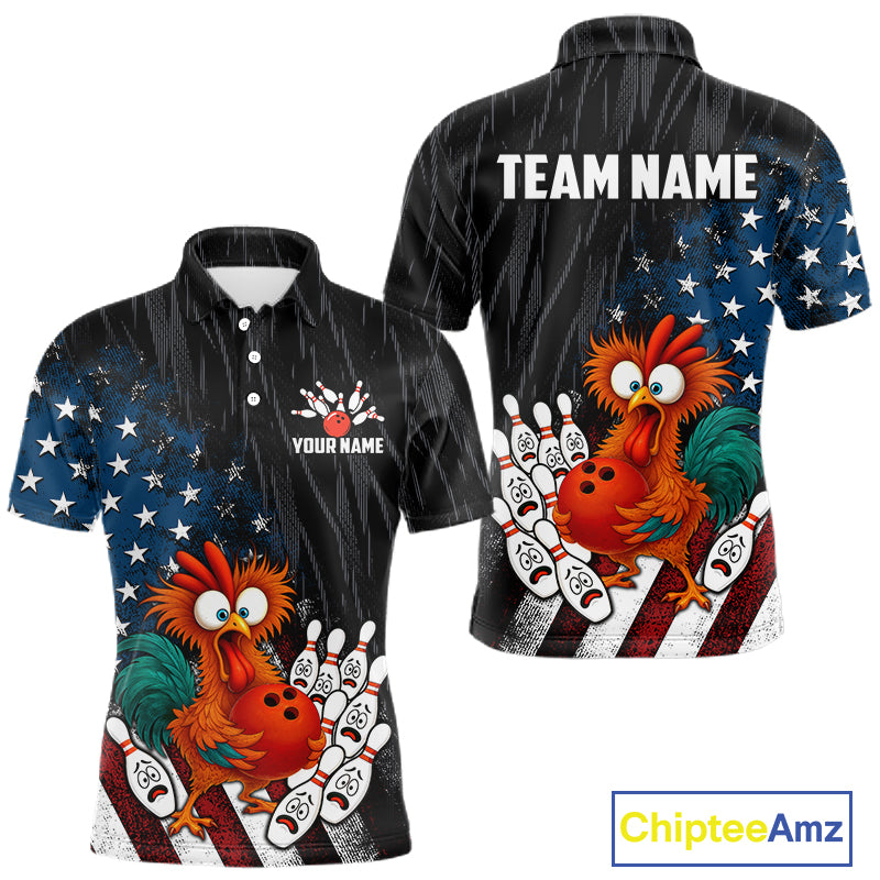 Custom American Flag Funny Chicken Bowling Jersey for Men Bowling Team Shirts Polo & 1/4 Zip HNT475