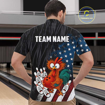 Custom American Flag Funny Chicken Bowling Jersey for Men Bowling Team Shirts Polo & 1/4 Zip HNT475