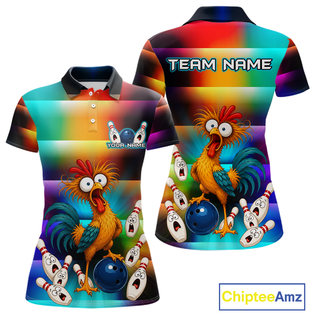 Front and back views of a colorful bowling polo featuring a shocked rooster chicken, blue bowling ball, surprised pins, and custom team and your text.