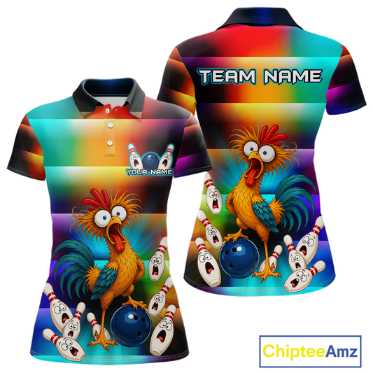 Front and back views of a colorful bowling polo featuring a shocked rooster chicken, blue bowling ball, surprised pins, and custom team and your text.
