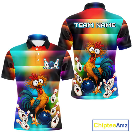 Front and back views of a colorful bowling  polo featuring a shocked rooster chicken, blue bowling ball, surprised pins, and custom team and your text.