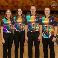 Load image into Gallery viewer, Four people wearing colorful bowling quarter zip featuring a shocked rooster chicken, blue bowling ball, surprised pins, and custom team name text.
