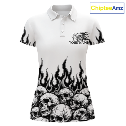 Custom Skull Flame Bowling Jersey for Women Bowling Team Shirts Bowling League Polo & 1/4 Zip HNT305