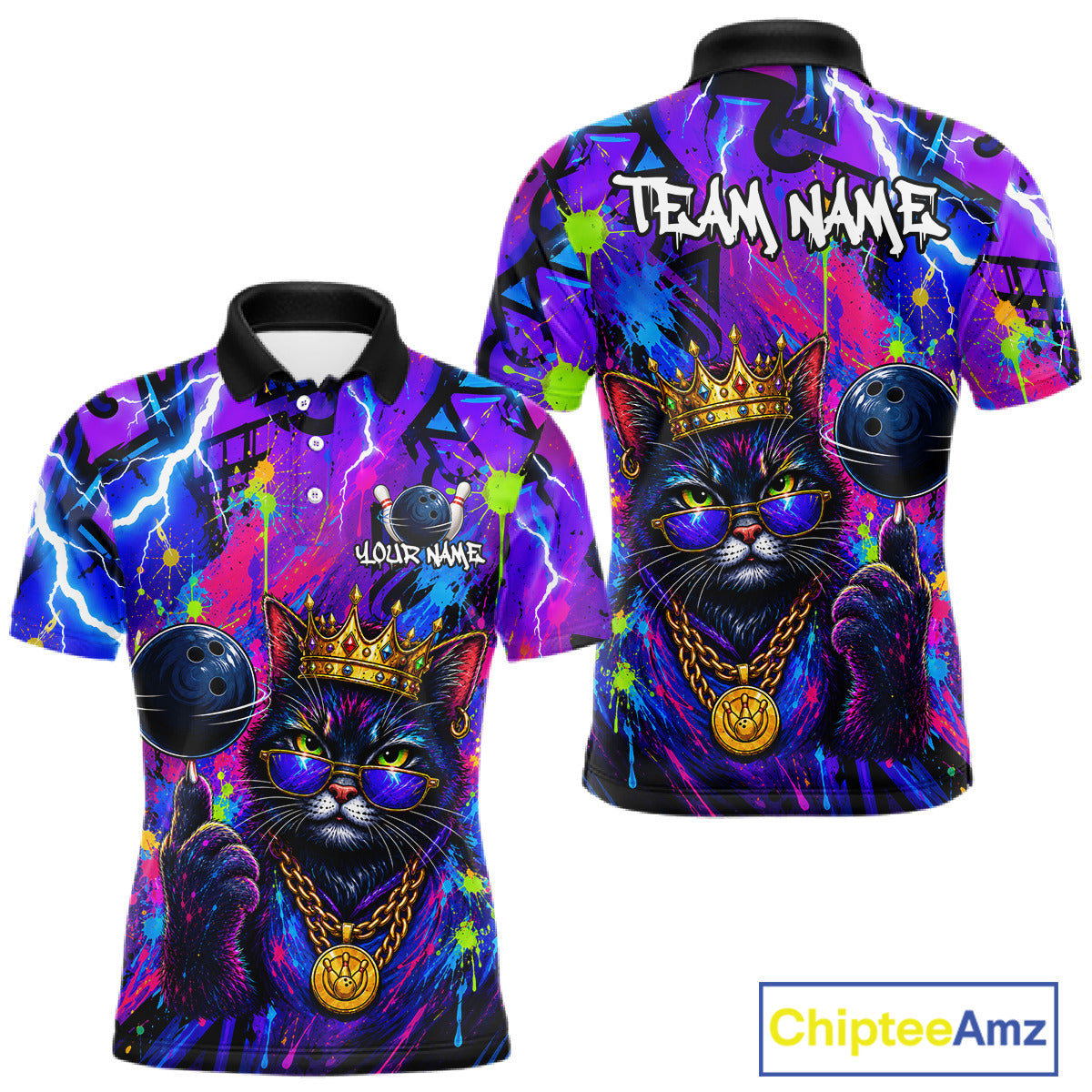 Front and back view personalized bowling polo shirt with a crowned cat holding a bowling ball, blended with colorful paint strokes and graphic patterns.