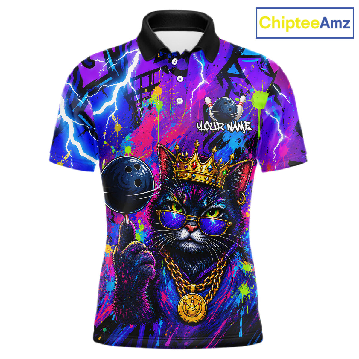 Front view personalized bowling polo shirt with a crowned cat holding a bowling ball, blended with colorful paint strokes and graphic patterns.