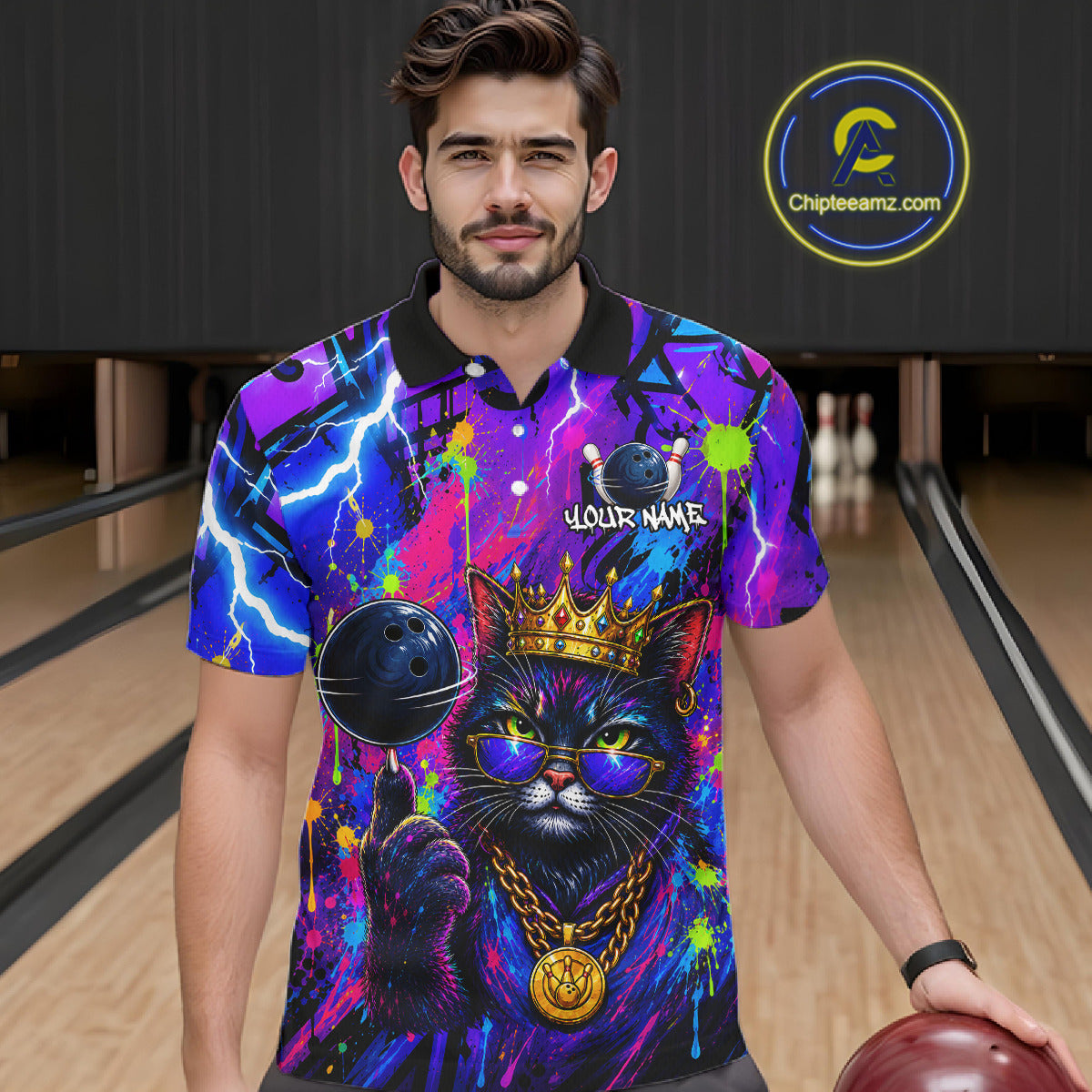 Men wearing personalized bowling polo shirt with a crowned cat holding a bowling ball, blended with colorful paint strokes and graphic patterns.