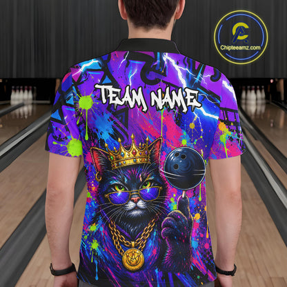Men wearing personalized bowling polo shirt with a crowned cat holding a bowling ball, blended with colorful paint strokes and graphic patterns.