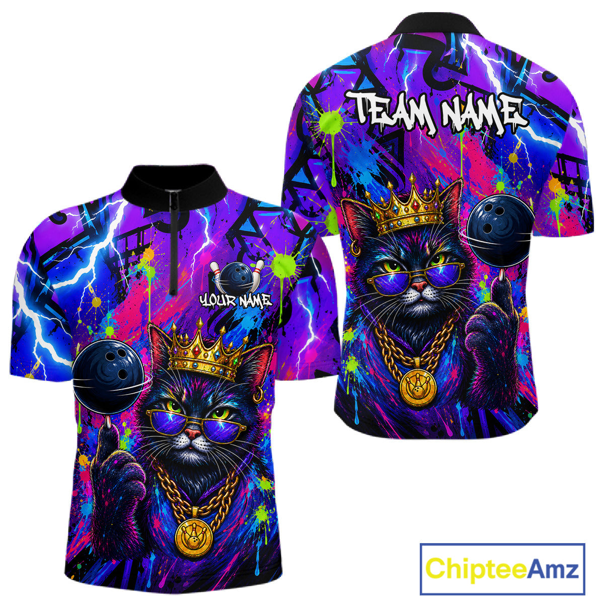 Front and back view personalized bowling quarter zip shirt with a crowned cat holding a bowling ball, blended with colorful paint strokes and graphic patterns.
