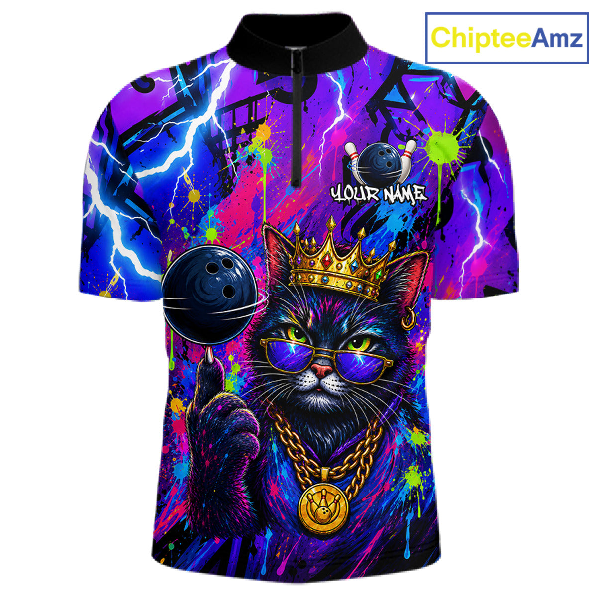 Front view personalized bowling quarter zip shirt with a crowned cat holding a bowling ball, blended with colorful paint strokes and graphic patterns.