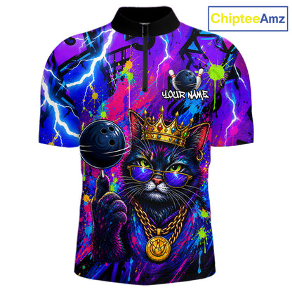 Front view personalized bowling quarter zip shirt with a crowned cat holding a bowling ball, blended with colorful paint strokes and graphic patterns.