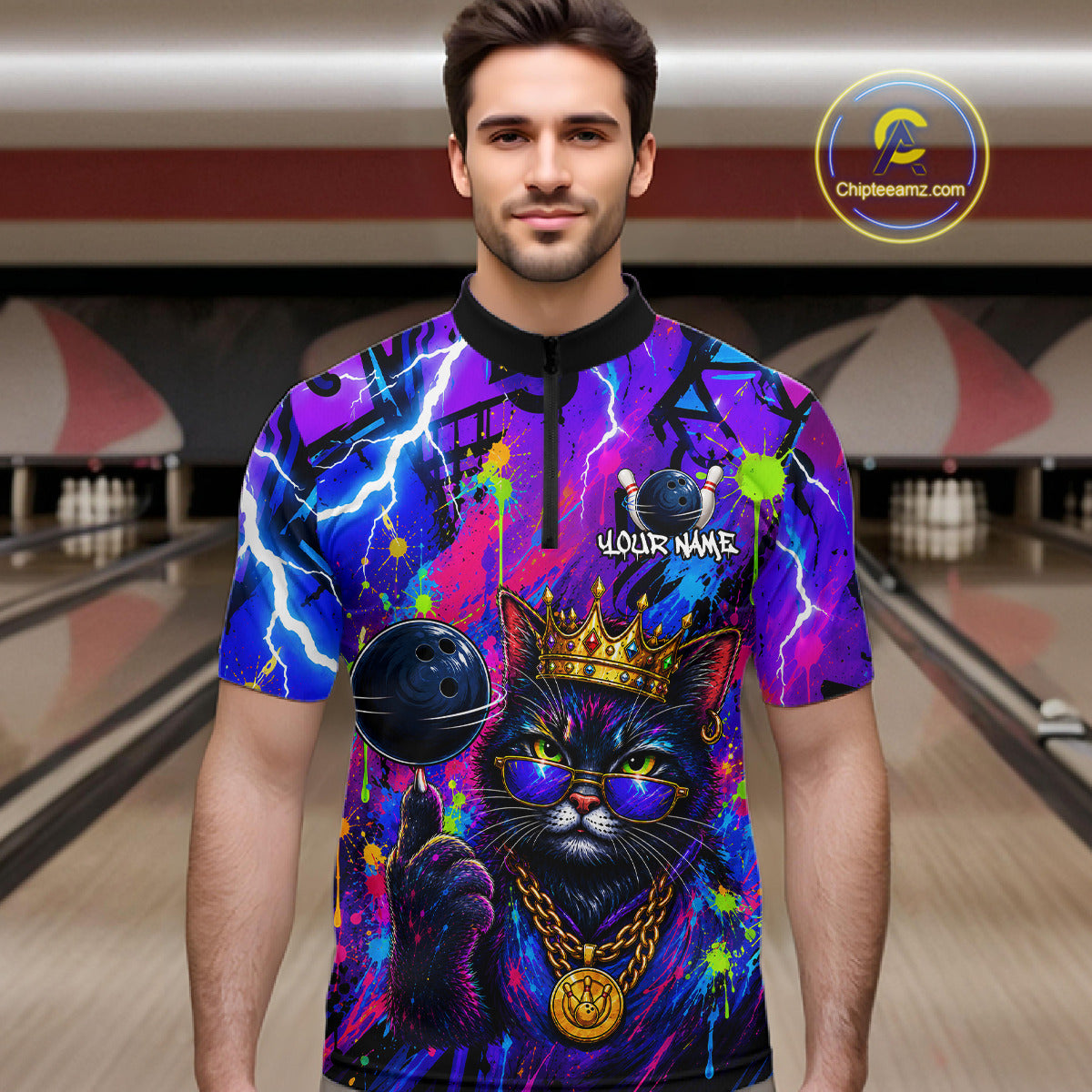 Men wearing personalized bowling quarter zip shirt with a crowned cat holding a bowling ball, blended with colorful paint strokes and graphic patterns.