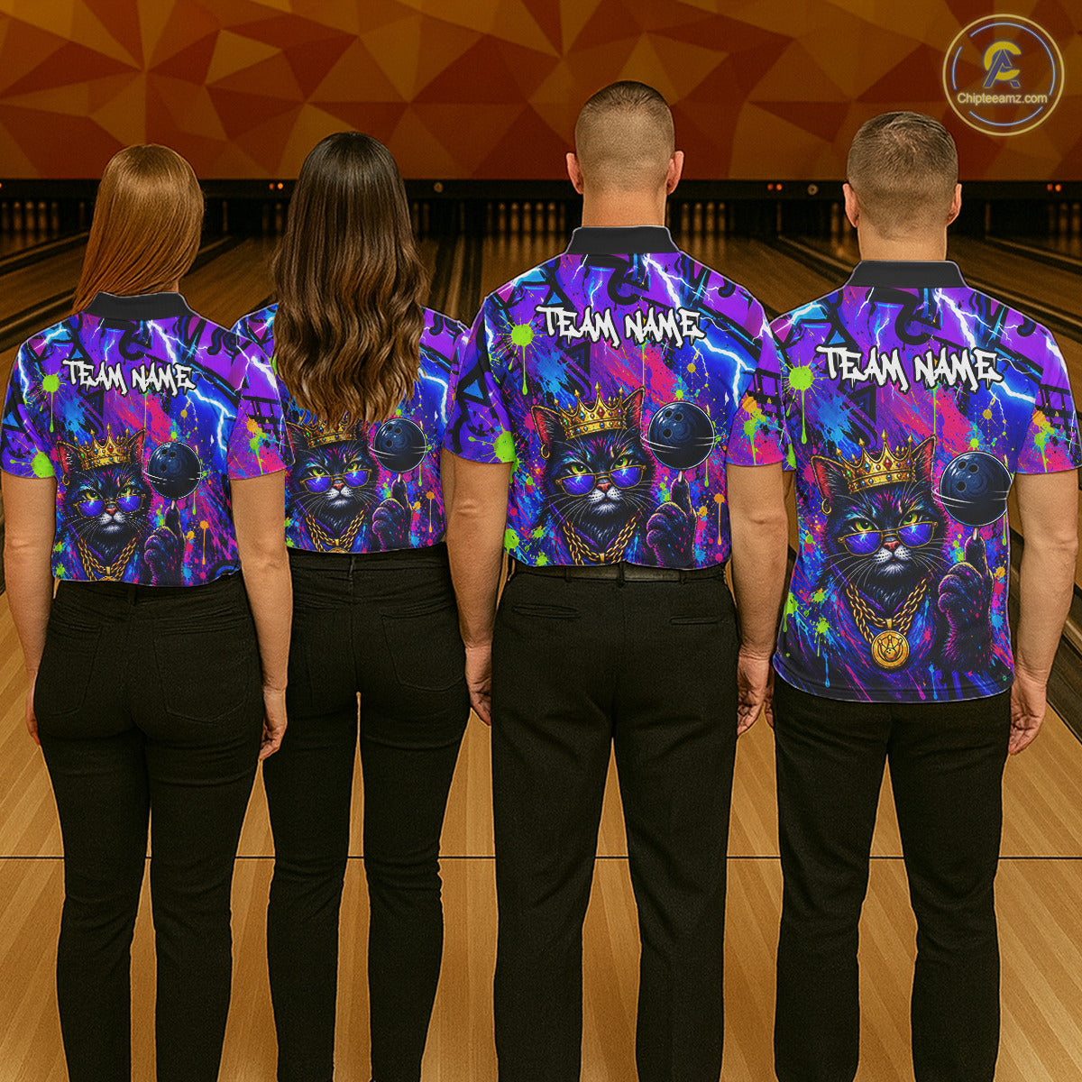 Four people wearing personalized bowling polo shirt with a crowned cat holding a bowling ball, blended with colorful paint strokes and graphic patterns.