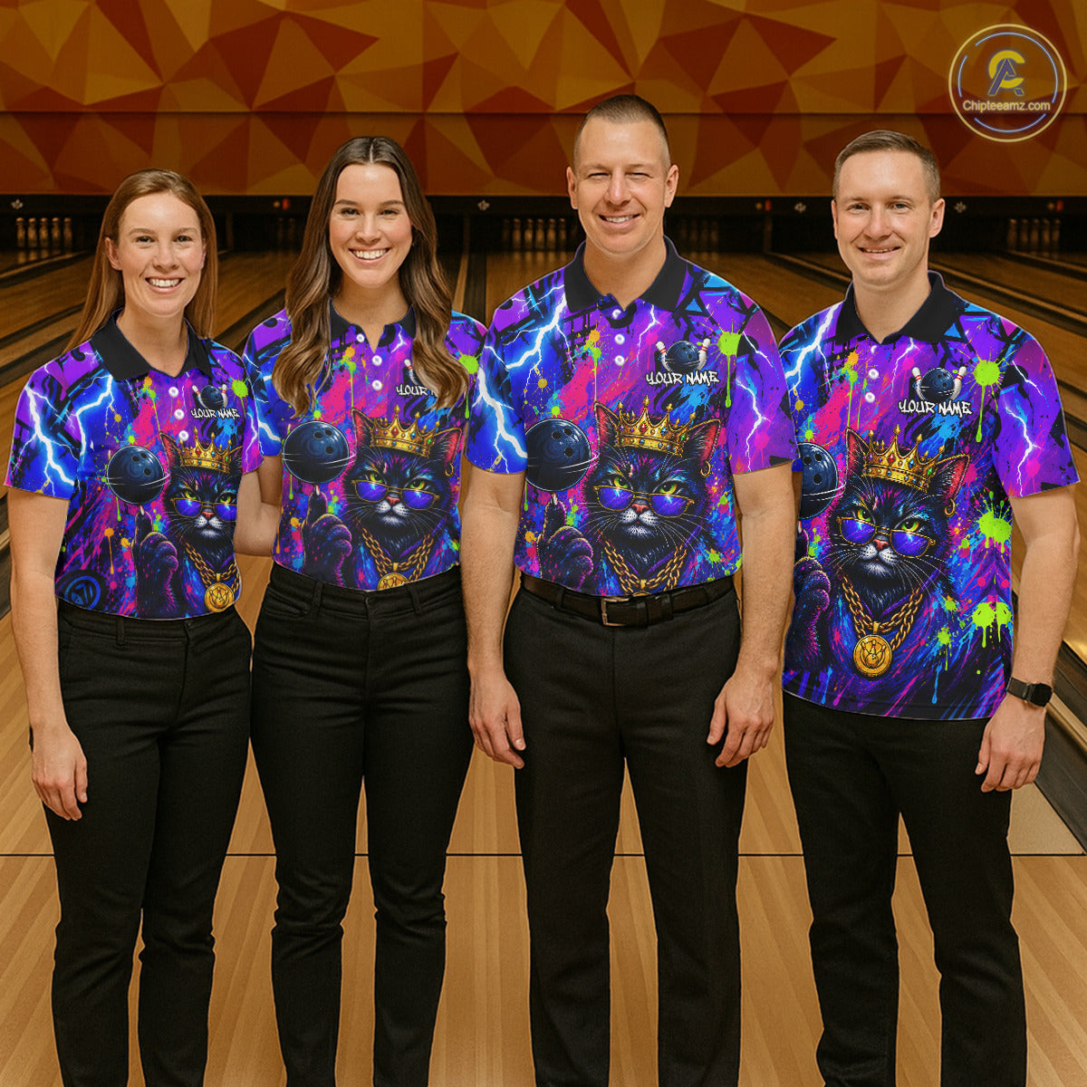 Four people wearing personalized bowling polo shirt with a crowned cat holding a bowling ball, blended with colorful paint strokes and graphic patterns.