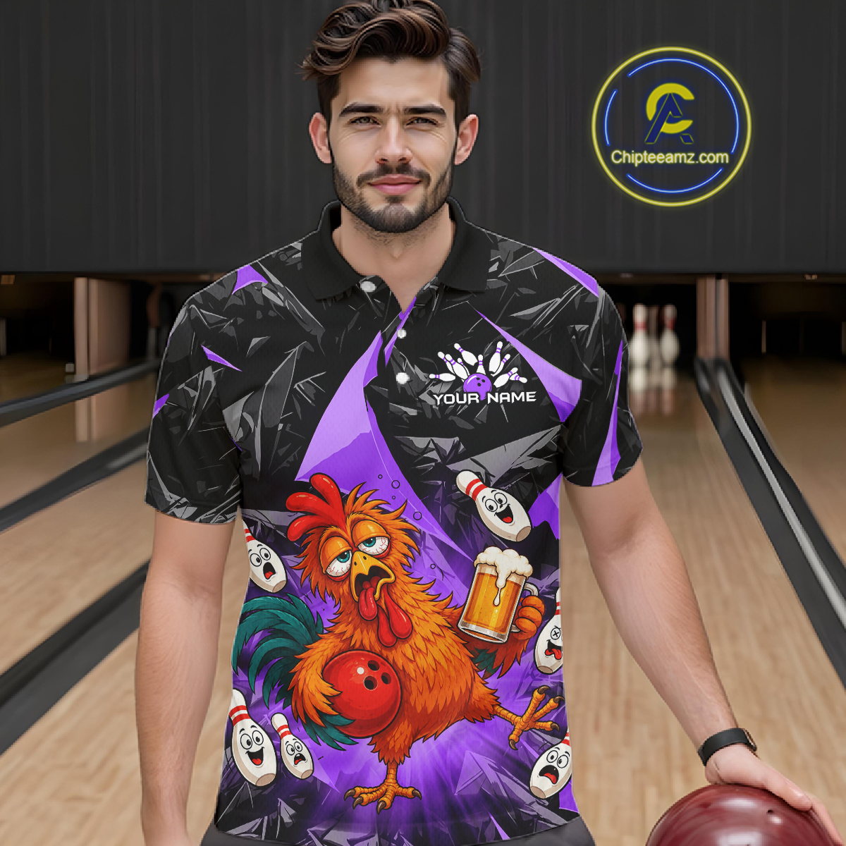 Man wearing a black and purple bowling polo featuring a wild rooster mascot holding a beer mug and red bowling ball, with custom your name text.