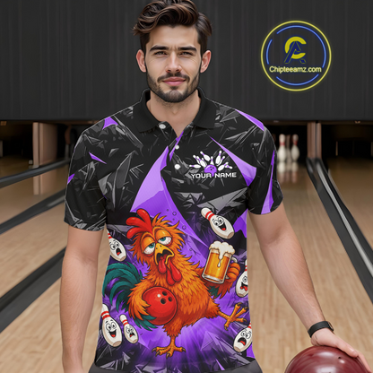 Man wearing a black and purple bowling polo featuring a wild rooster mascot holding a beer mug and red bowling ball, with custom your name text.
