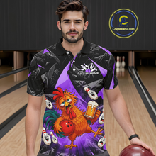 Load image into Gallery viewer, Man wearing a black and purple bowling polo featuring a wild rooster mascot holding a beer mug and red bowling ball, with custom your name text.