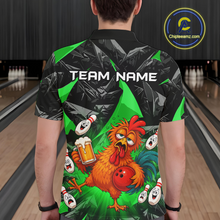 Load image into Gallery viewer, Man wearing a black and green bowling polo featuring a wild rooster mascot holding a beer mug and red bowling ball, with custom team name text.