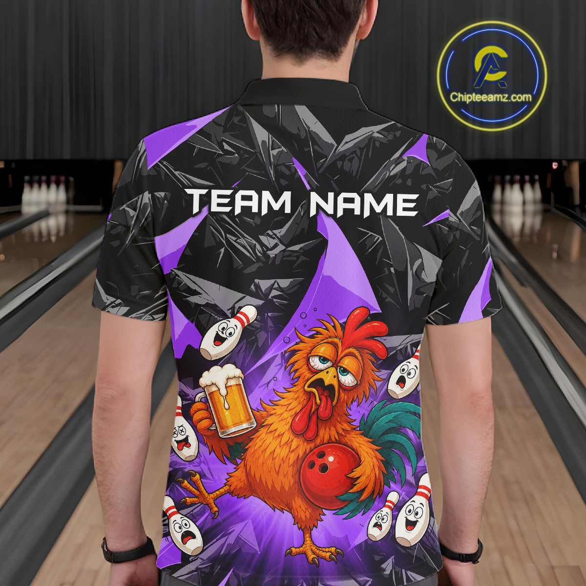 Man wearing a black and purple bowling polo featuring a wild rooster mascot holding a beer mug and red bowling ball, with custom team name text.