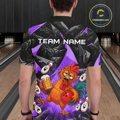 Man wearing a black and purple bowling polo featuring a wild rooster mascot holding a beer mug and red bowling ball, with custom team name text.