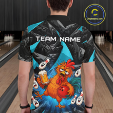 Load image into Gallery viewer, Man wearing a black and turquoise bowling polo featuring a wild rooster mascot holding a beer mug and red bowling ball, with custom team name text.
