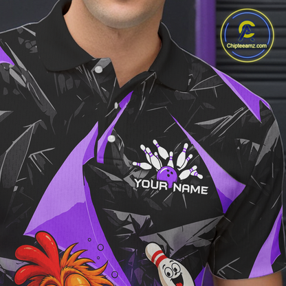 Black and purple bowling shirt with logo and text on a dark background