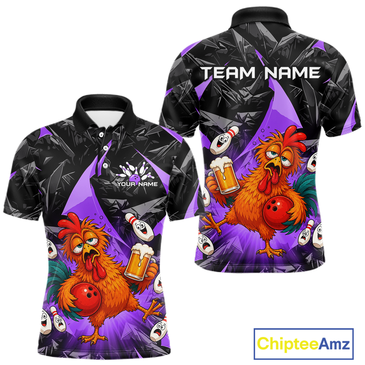 Front and back views of a black and purple bowling polo featuring a wild rooster mascot holding a beer mug and red bowling ball, with custom team text.