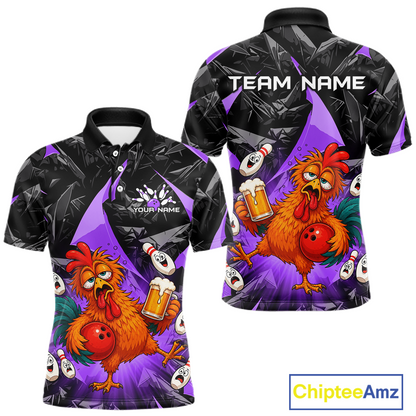 Front and back views of a black and purple bowling polo featuring a wild rooster mascot holding a beer mug and red bowling ball, with custom team text.