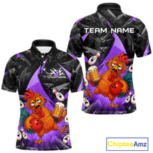 Load image into Gallery viewer, Front and back views of a black and purple bowling polo featuring a wild rooster mascot holding a beer mug and red bowling ball, with custom team text.