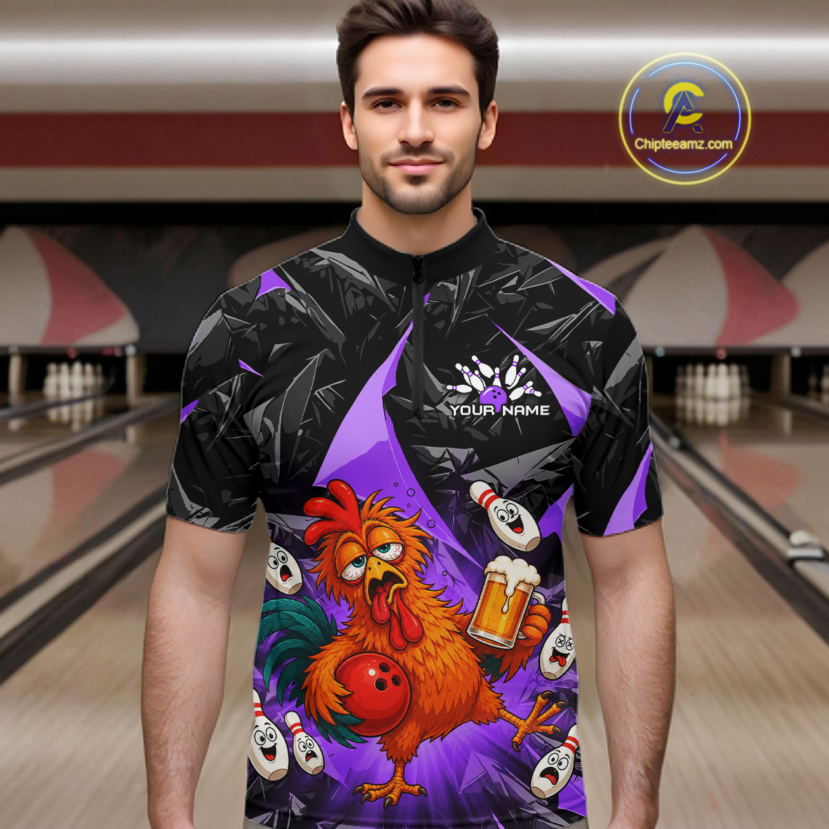 Man wearing a black and purple bowling quarter zip featuring a wild rooster mascot holding a beer mug and red bowling ball, with custom your name text.