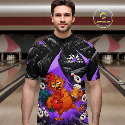 Man wearing a black and purple bowling quarter zip featuring a wild rooster mascot holding a beer mug and red bowling ball, with custom your name text.