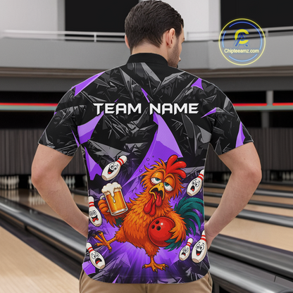 Man wearing a black and purple bowling quarter zip featuring a wild rooster mascot holding a beer mug and red bowling ball, with custom team name text.