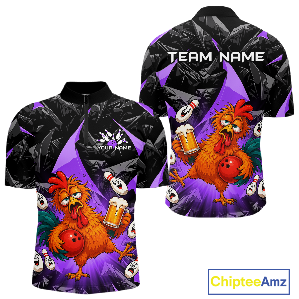 Front and back views of a black and purple bowling quarter zip featuring a wild rooster mascot holding a beer mug and red bowling ball, with custom team text.