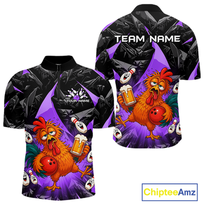 Front and back views of a black and purple bowling quarter zip featuring a wild rooster mascot holding a beer mug and red bowling ball, with custom team text.