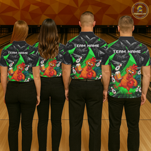 Load image into Gallery viewer, Four people wearing black and green bowling quarter zip featuring a wild rooster mascot holding a beer mug and red bowling ball, with custom your name text.
