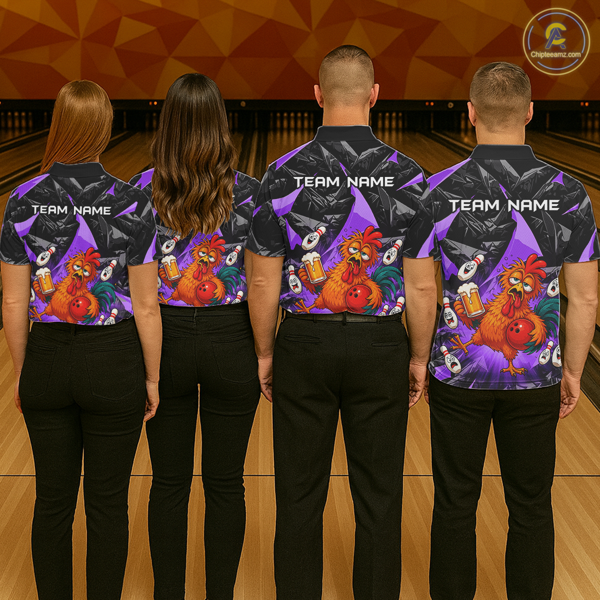 Four people wearing black and purple bowling polo featuring a wild rooster mascot holding a beer mug and red bowling ball, with custom team name text.